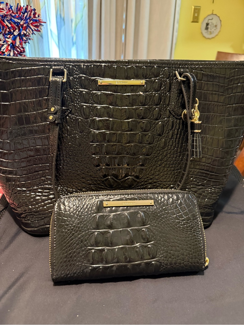 Brahmin Black Croc-Embossed Tote with Matching Wallet